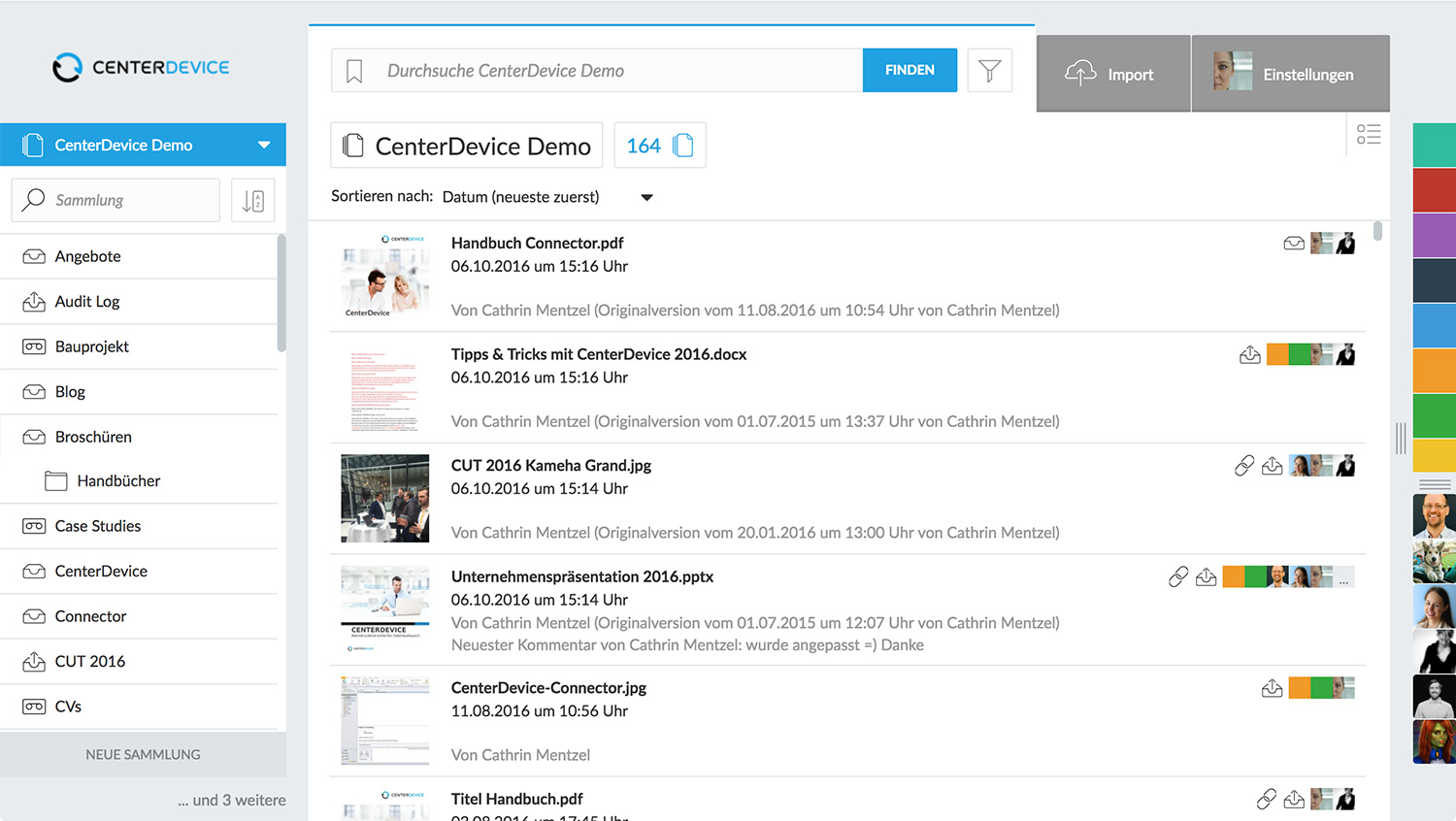 CenterDevice Benutzeroberfläche mit Ordnern