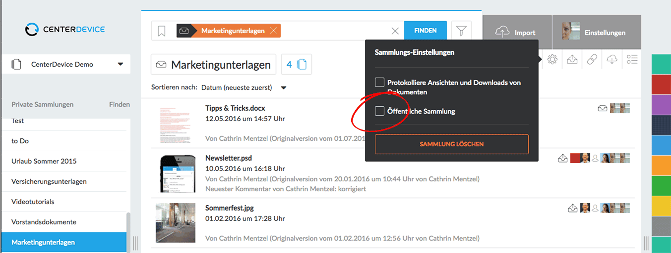 Öffentliche Sammlungen Dateien teilen Freigaben