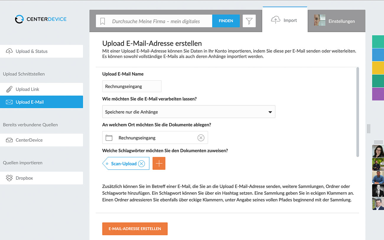 Upload E-Mail-Adresse einrichten