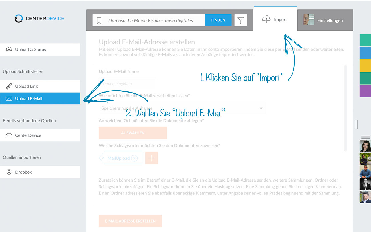 Upload E-Mail-Adresse erstellen