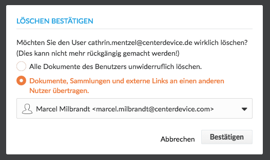 Benutzer löschen in Centerdevice