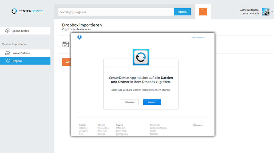 CenterDevice Dropbox Ordner Import