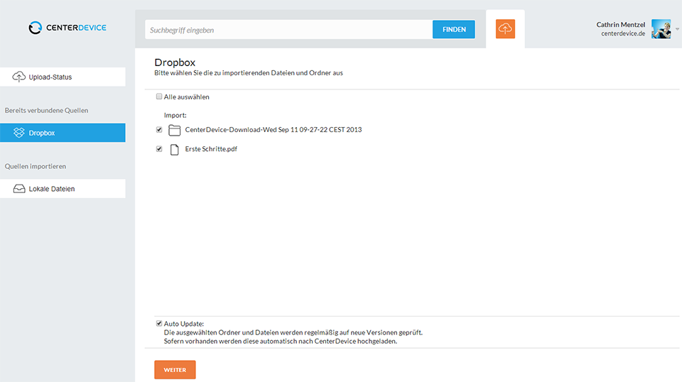 Dropbox Import Ordner Import CenterDevice